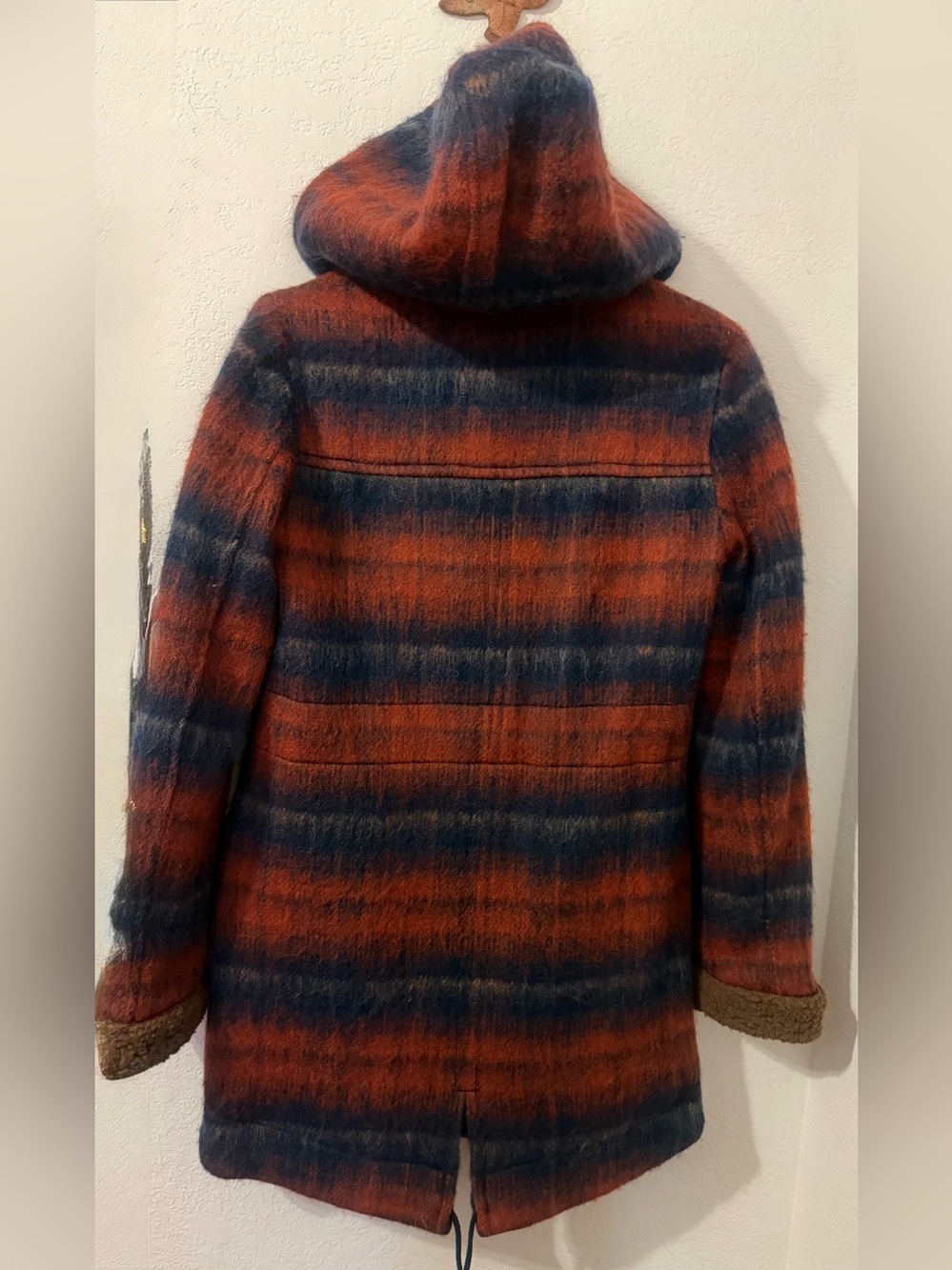 Staring at Stars Plaid Hooded Wool-Blend Coat in Rust Red & Navy - Small - Picture 3 of 11